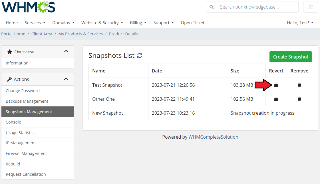 Virtuozzo Hybrid Server For WHMCS: snapshots list with the Revert icon of a snapshot