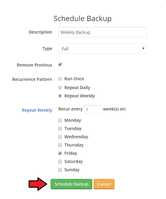Virtuozzo Hybrid Server For WHMCS: Schedule Backup window with Repeat Weekly recurrence set for Friday