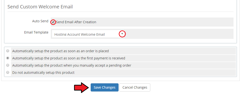 Virtuozzo Hybrid Server For WHMCS: Send Custom Welcome Email section with the email template and automatic setup options