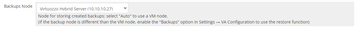Virtuozzo Hybrid Server For WHMCS: Backups Node drop-down in the module settings with Auto and node choice