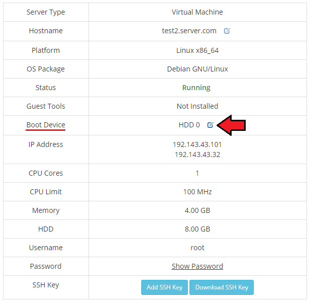 Virtuozzo Hybrid Server For WHMCS: server details table with the Boot Device edit icon