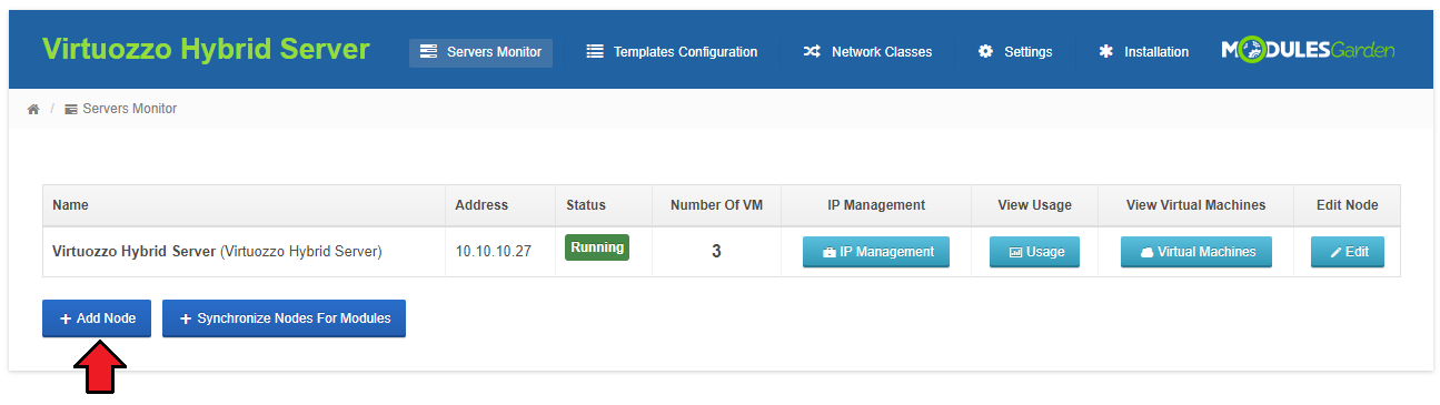 Virtuozzo Hybrid Server For WHMCS: addon Servers Monitor tab with the node list and the Add Node button