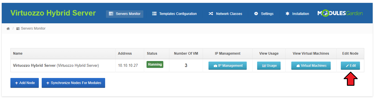 Virtuozzo Hybrid Server For WHMCS: Servers Monitor node list with the Edit button marked