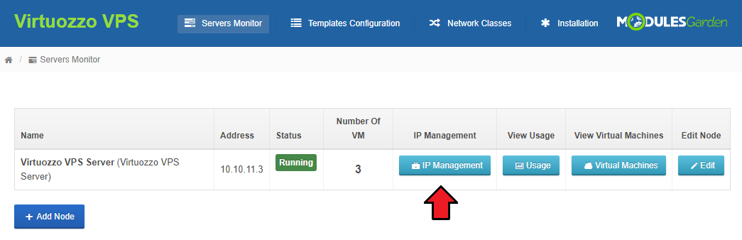 Virtuozzo Hybrid Server For WHMCS: Servers Monitor node list with the IP Management button marked