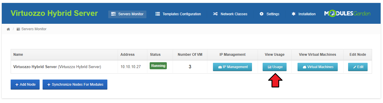 Virtuozzo Hybrid Server For WHMCS: addon Servers Monitor tab with the Usage button for the node