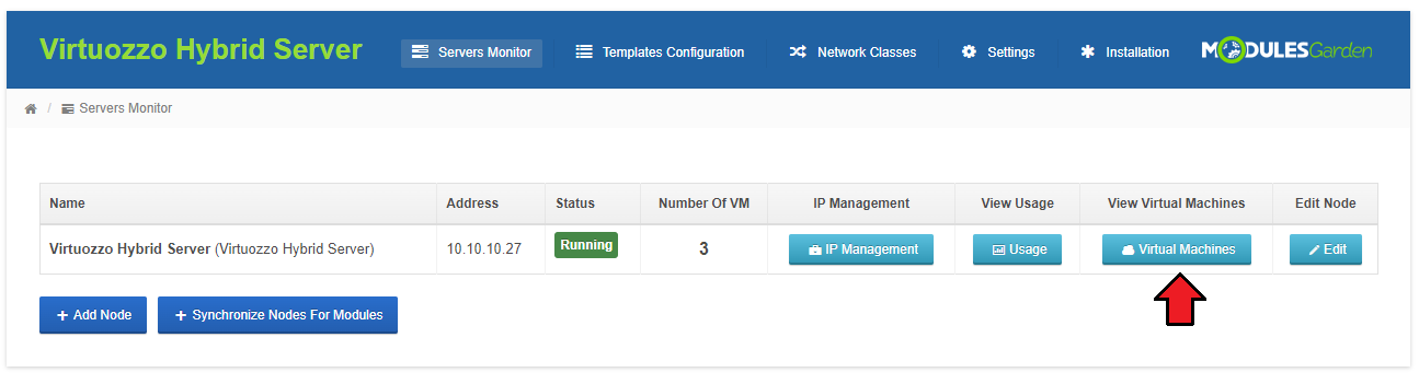Virtuozzo Hybrid Server For WHMCS: addon Servers Monitor tab with the Virtual Machines button for the node