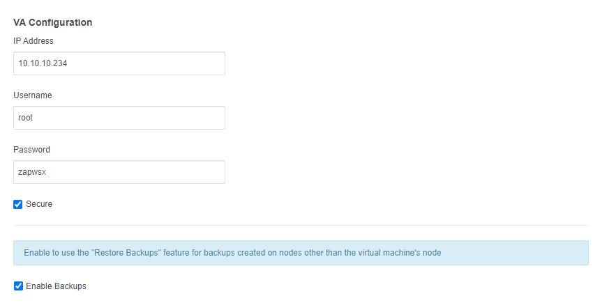 Virtuozzo Hybrid Server For WHMCS: VA Configuration settings filled in with Secure and Enable Backups ticked