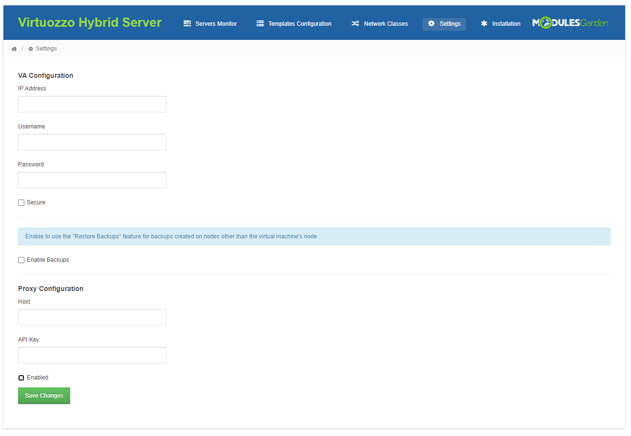 Virtuozzo Hybrid Server For WHMCS: Settings page with VA Configuration and Proxy Configuration fields