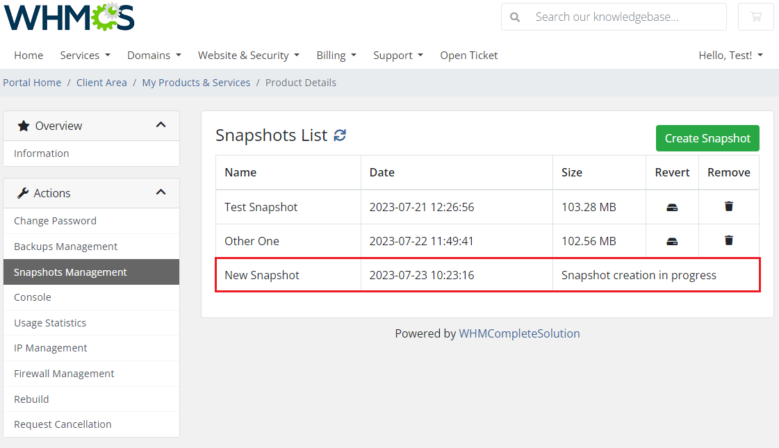 Virtuozzo Hybrid Server For WHMCS: snapshots list with a new snapshot marked as creation in progress
