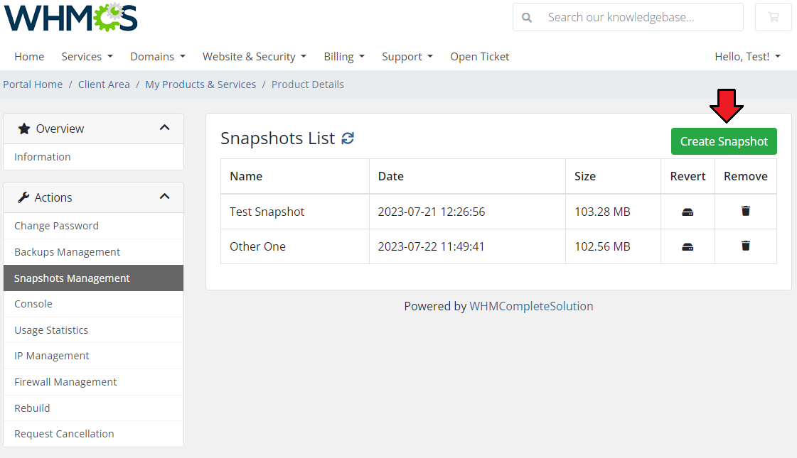 Virtuozzo Hybrid Server For WHMCS: client area Snapshots Management list with the Create Snapshot button