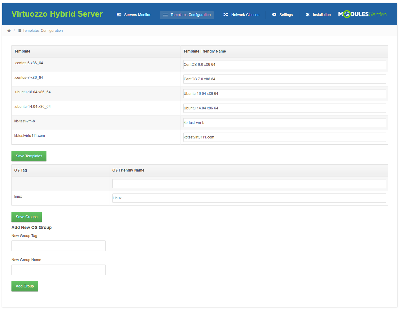 Virtuozzo Hybrid Server For WHMCS: Templates Configuration page with OS template friendly names and OS groups