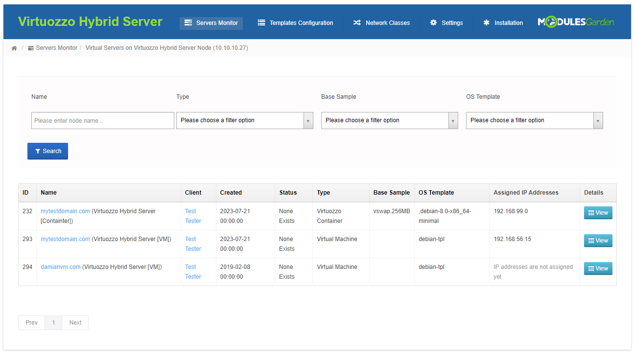 Virtuozzo Hybrid Server For WHMCS: Servers Monitor virtual machines list with filters and View buttons