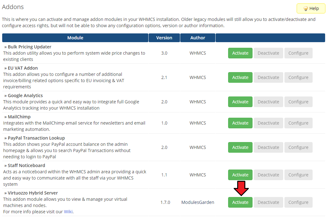Virtuozzo Hybrid Server For WHMCS: WHMCS Addon Modules list with the Activate button next to Virtuozzo Hybrid Server