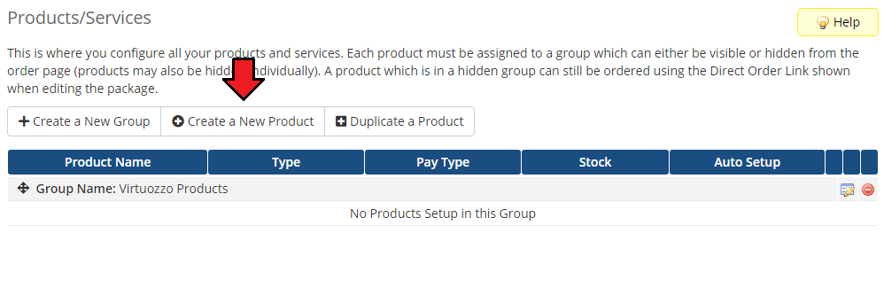 Virtuozzo Hybrid Server For WHMCS: WHMCS Products/Services page with the Create a New Product button in the new group