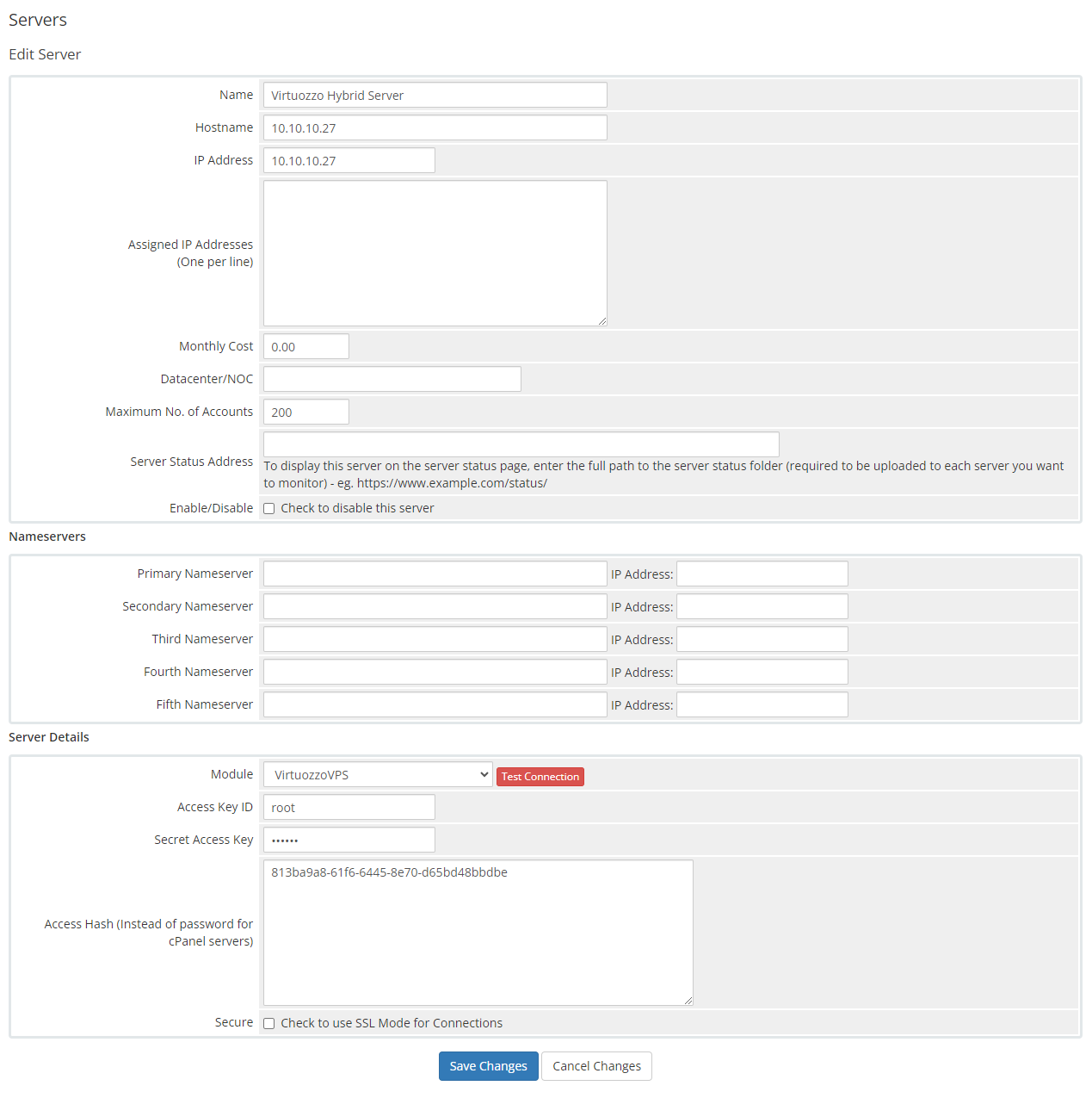 Virtuozzo Hybrid Server For WHMCS: WHMCS Edit Server form with Virtuozzo connection details and Save Changes