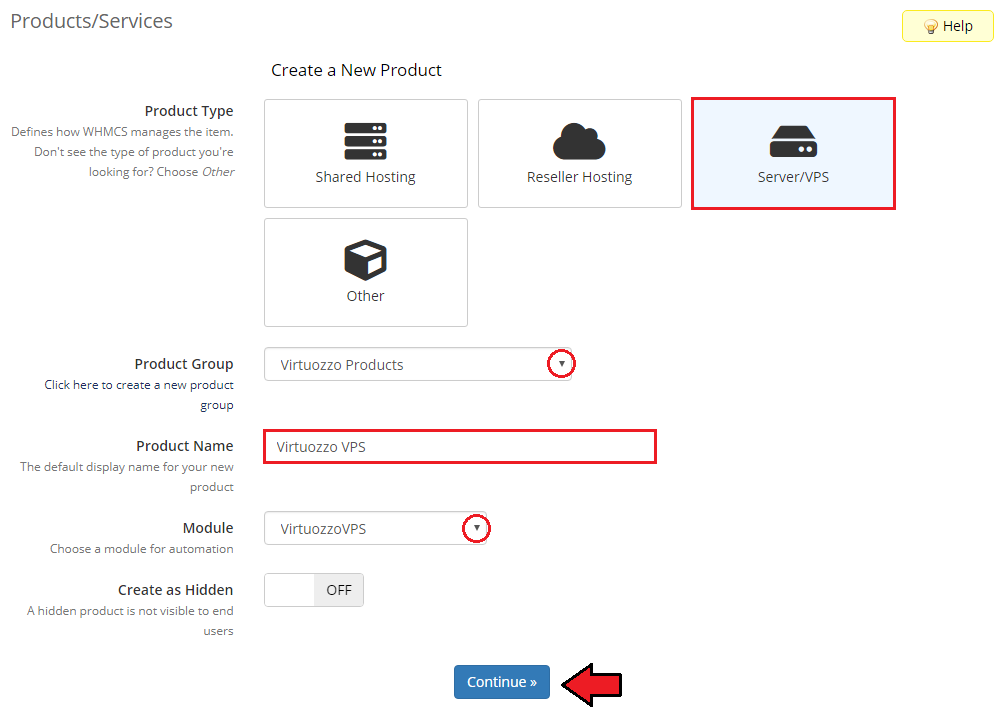 Virtuozzo Hybrid Server For WHMCS: WHMCS Create a New Product form with Server/VPS type and the VirtuozzoVPS module