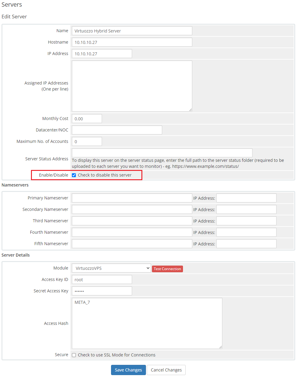 Virtuozzo Hybrid Server For WHMCS: WHMCS Edit Server form with the Enable/Disable checkbox ticked and marked