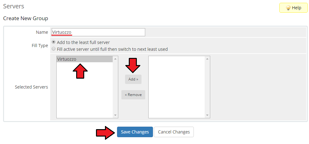 Virtuozzo Hybrid Server For WHMCS: WHMCS Create New Group form with the Virtuozzo server added to the selected servers