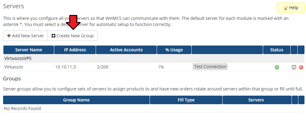 Virtuozzo Hybrid Server For WHMCS: WHMCS Servers list with the new Virtuozzo server and the Create New Group button