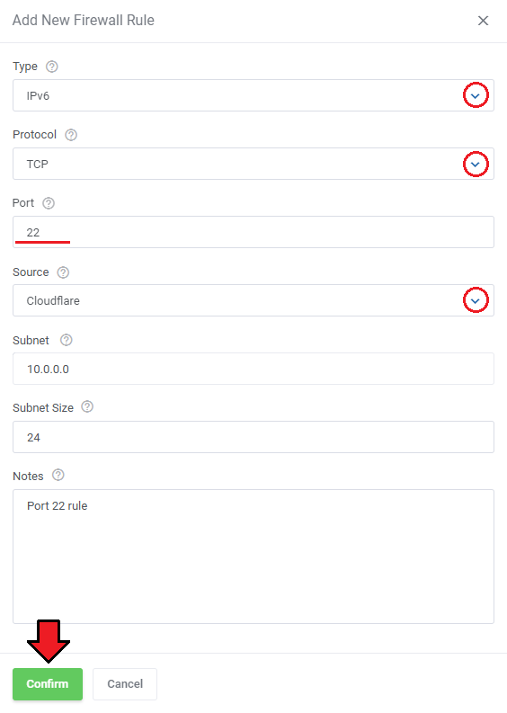 Vultr VPS For WHMCS: Add New Firewall Rule dialog with type, protocol, port, source, subnet and notes fields