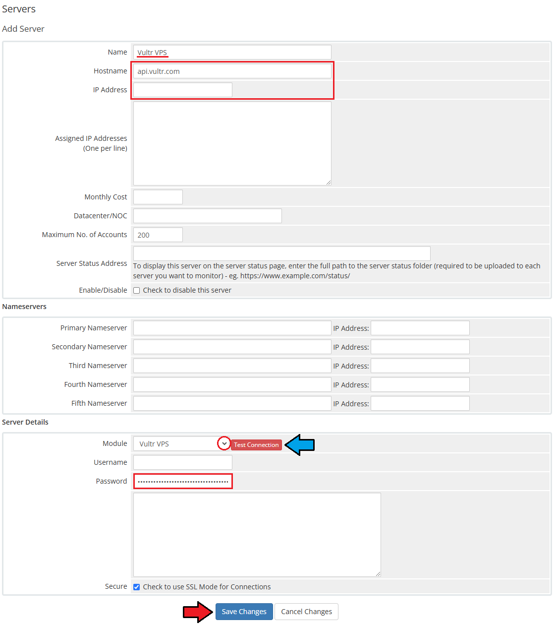 Vultr VPS For WHMCS: WHMCS Add Server form with hostname, Vultr VPS module and API token password