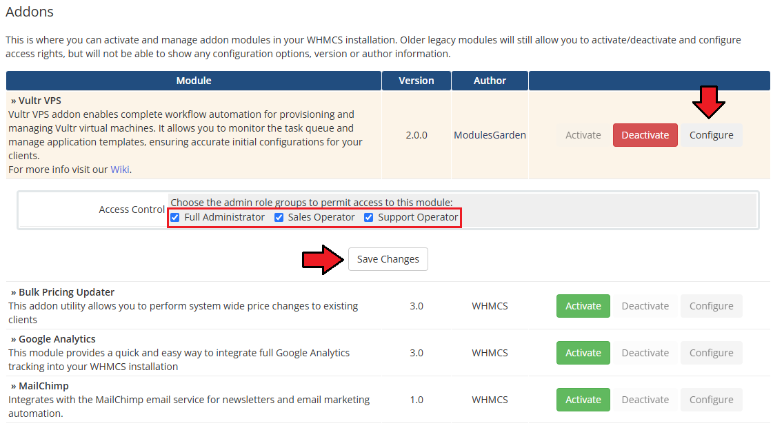 Vultr VPS For WHMCS: Addon Modules access control with admin role groups and Save Changes