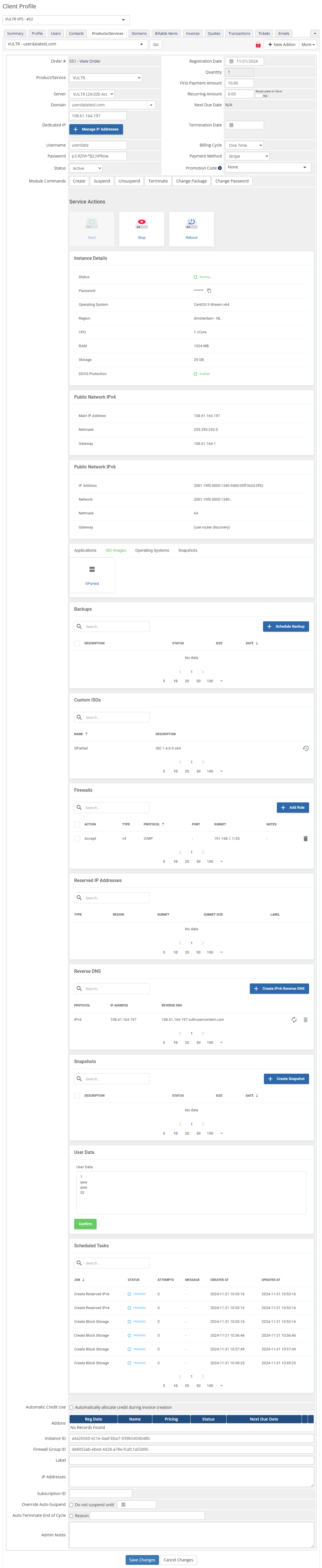 Vultr VPS For WHMCS: WHMCS admin area product details page with module commands, instance details and service actions