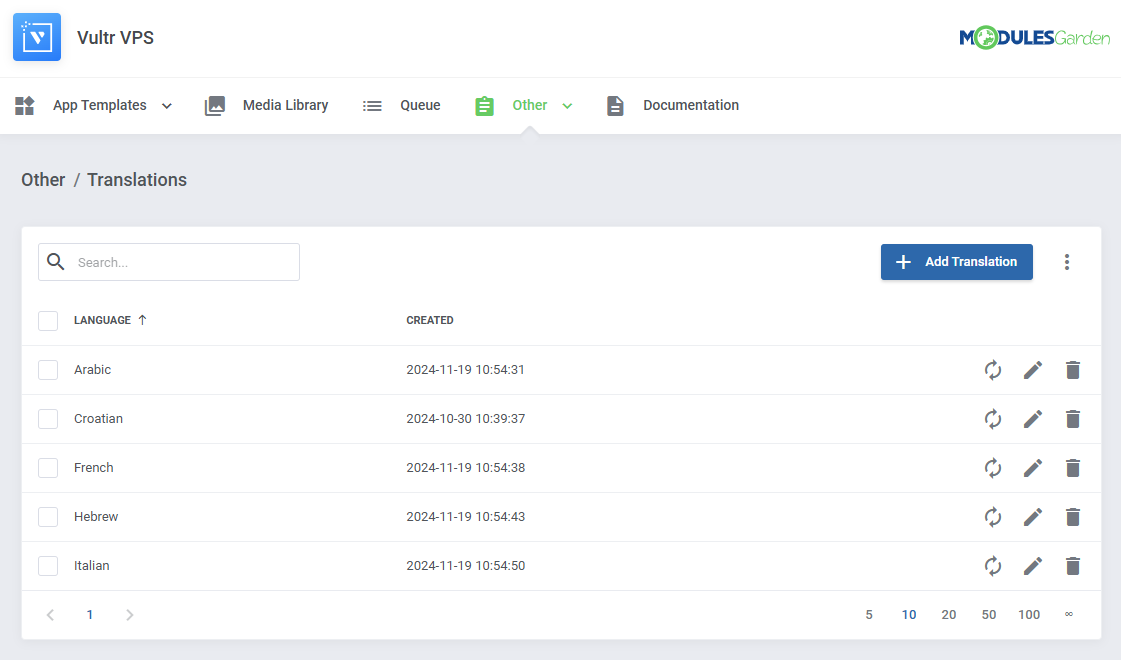 Vultr VPS For WHMCS: Other  Translations list with languages and Add Translation button in the module admin panel