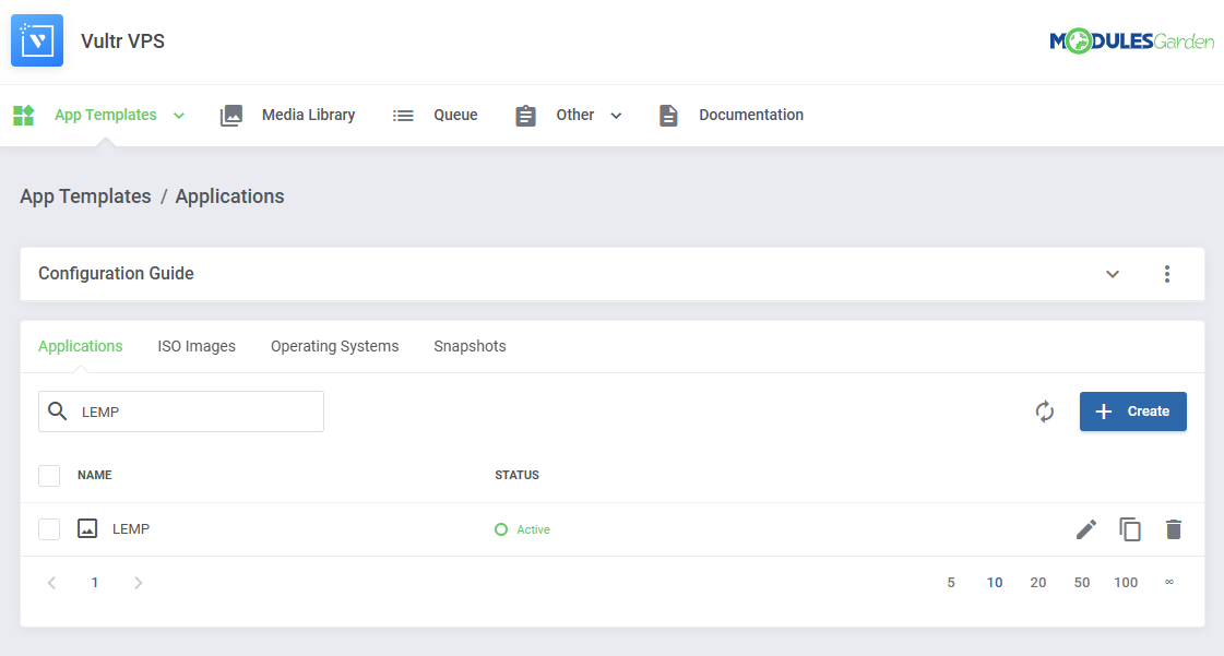 Vultr VPS For WHMCS: Applications list in App Templates with the LEMP item and Create button