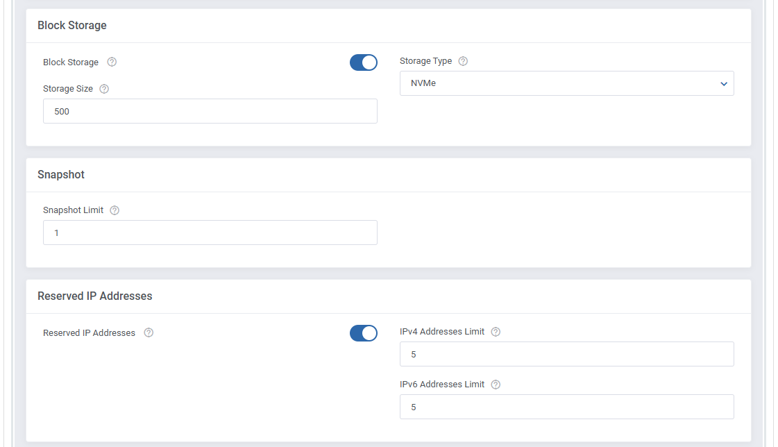 Vultr VPS For WHMCS: Block Storage, Snapshot and Reserved IP Addresses limits in product settings