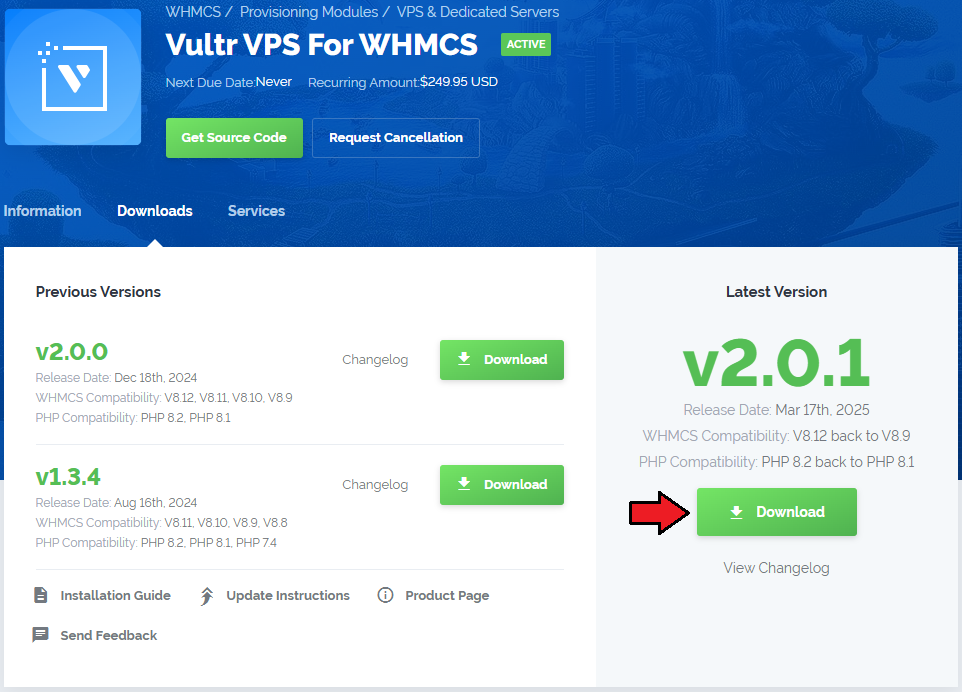 Vultr VPS For WHMCS: Download buttons for module versions in the ModulesGarden client area