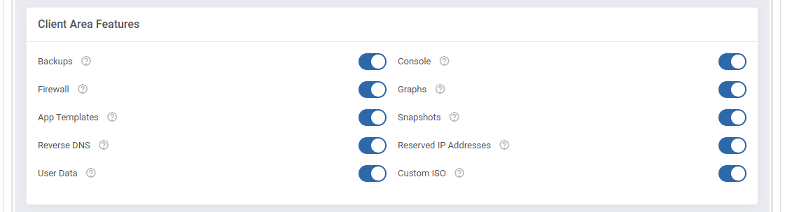 Vultr VPS For WHMCS: Client Area Features toggles such as backups, console, firewall and snapshots