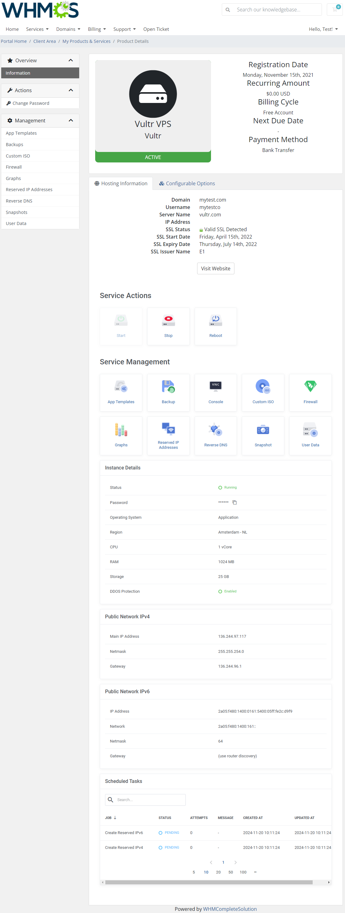 Vultr VPS For WHMCS: WHMCS client area product details with service actions, service management icons and instance