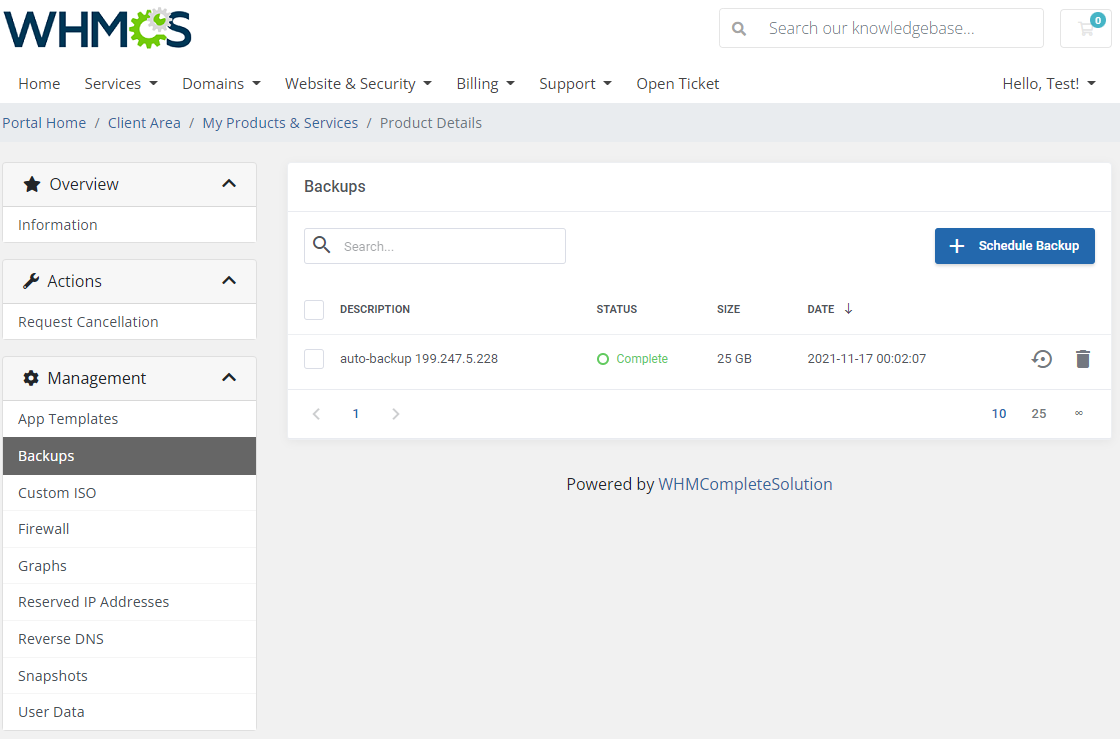 Vultr VPS For WHMCS: Client area Backups page with the list of backups and Schedule Backup button