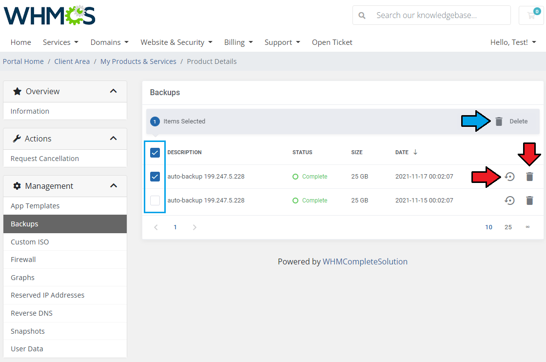 Vultr VPS For WHMCS: Client area Backups page with selected backup, mass Delete button, restore and delete icons