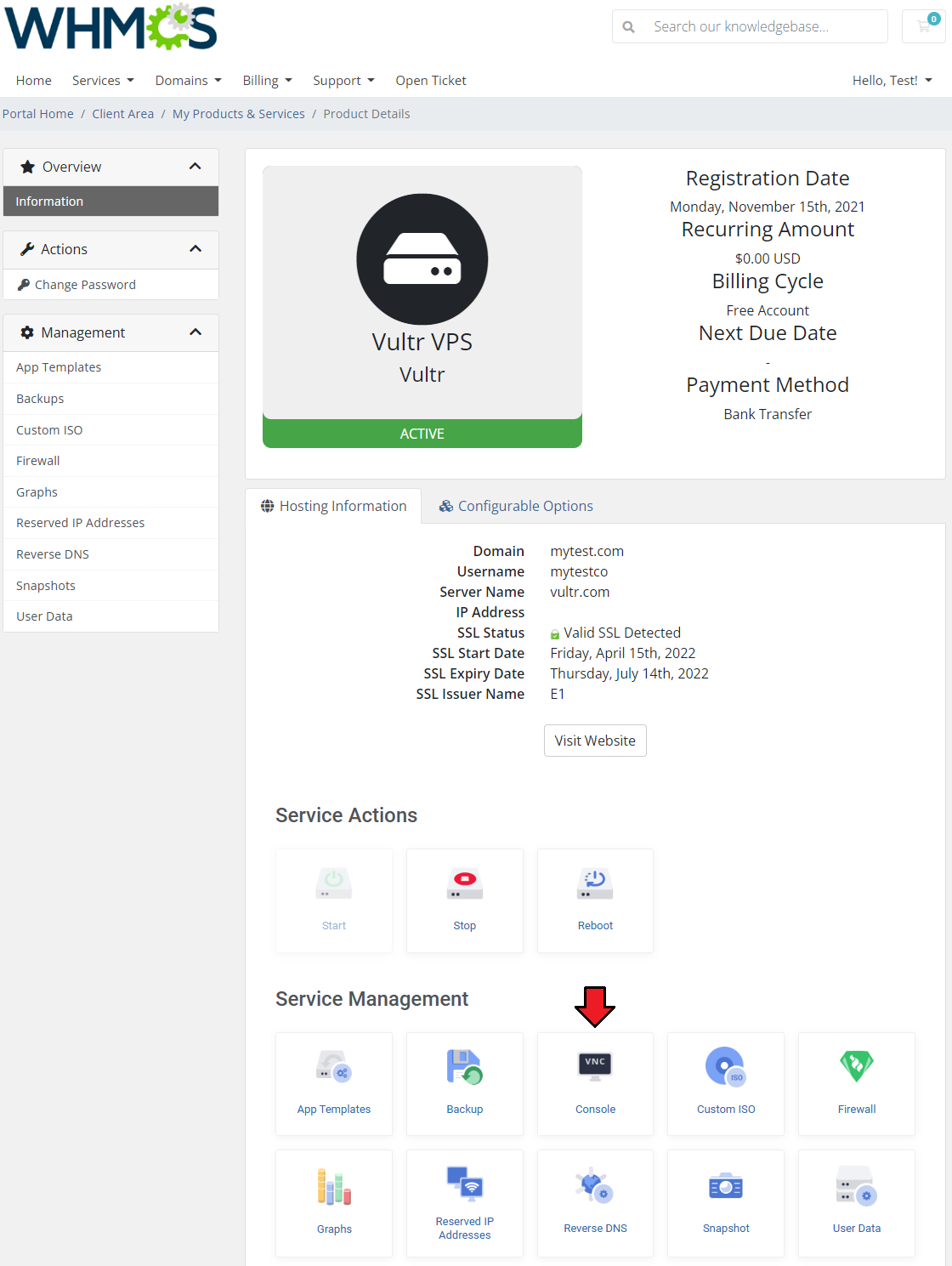 Vultr VPS For WHMCS: Client area product page with the Console icon highlighted in Service Management