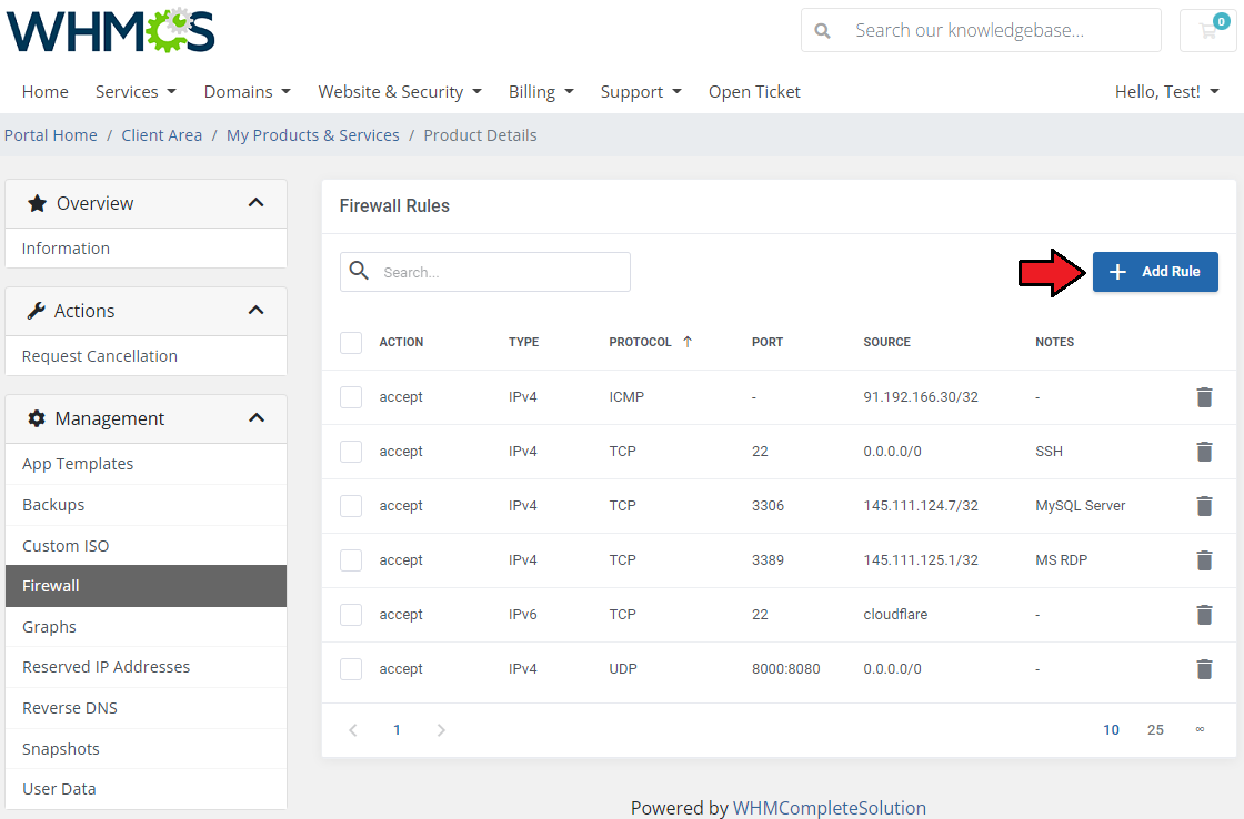 Vultr VPS For WHMCS: Client area Firewall Rules page with the rule table and the Add Rule button