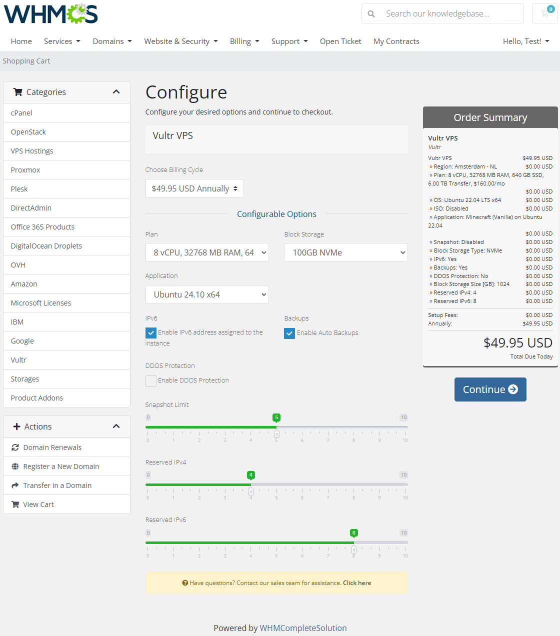 Vultr VPS For WHMCS: client area Configure page with plan, storage, IPv6 and backup options and order summary
