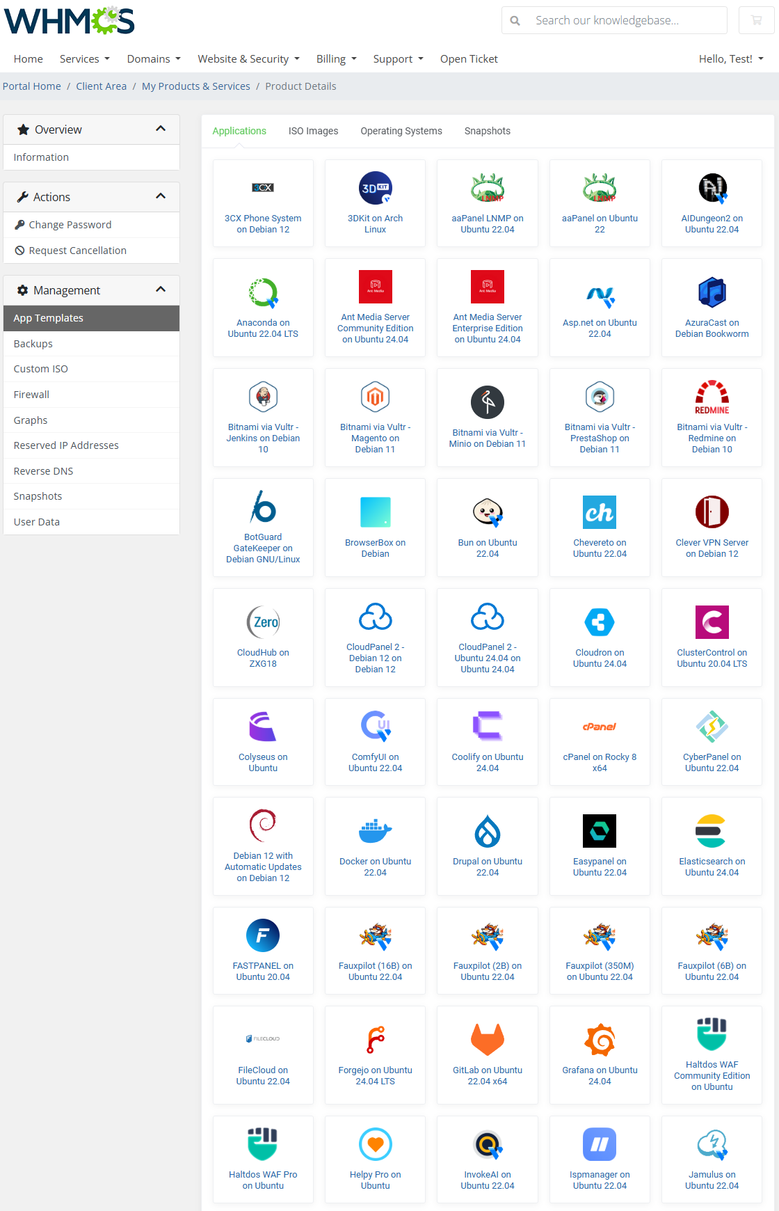 Vultr VPS For WHMCS: Client area Applications tab with a grid of installable apps for machine reinstallation