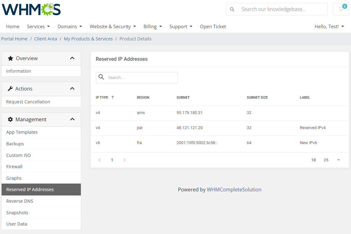 Vultr VPS For WHMCS: Client area Reserved IP Addresses page with a table of IP type, region, subnet and label