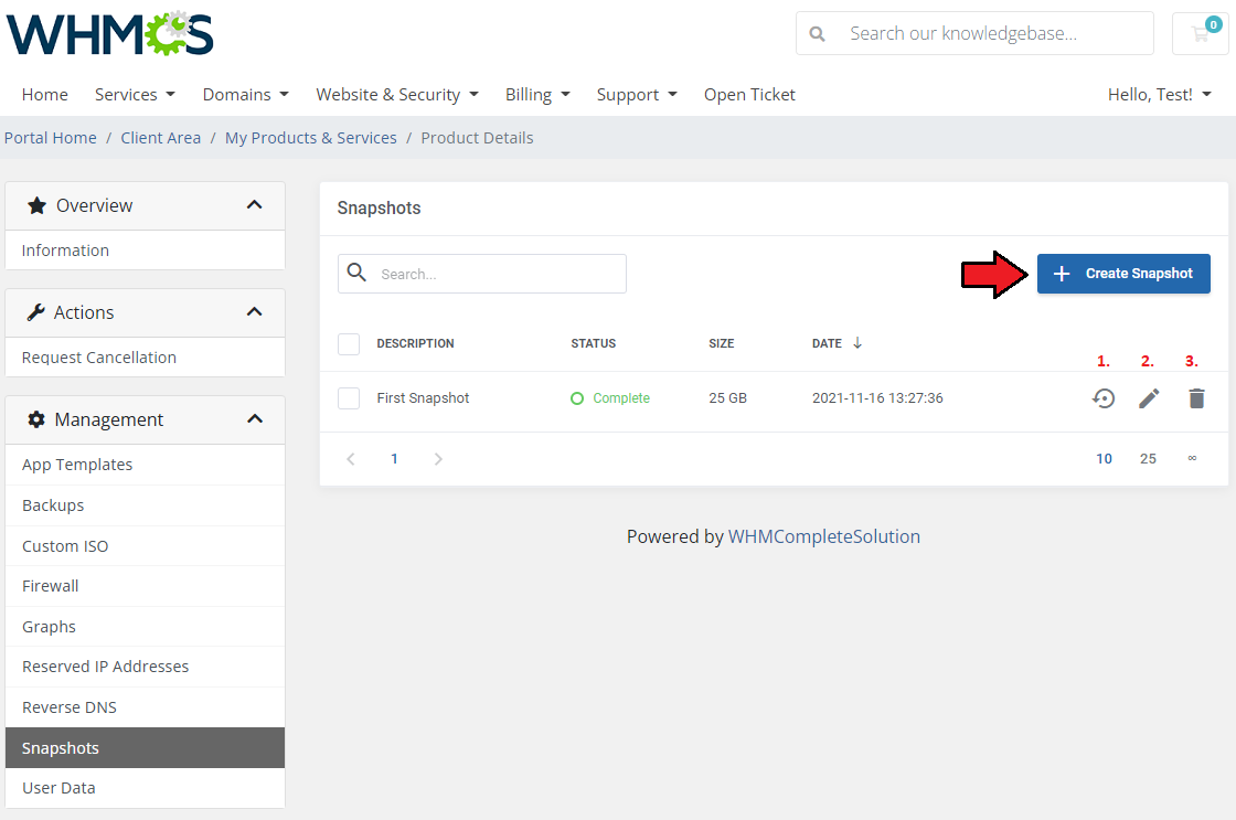 Vultr VPS For WHMCS: Client area Snapshots page with the Create Snapshot button and restore, edit and delete icons