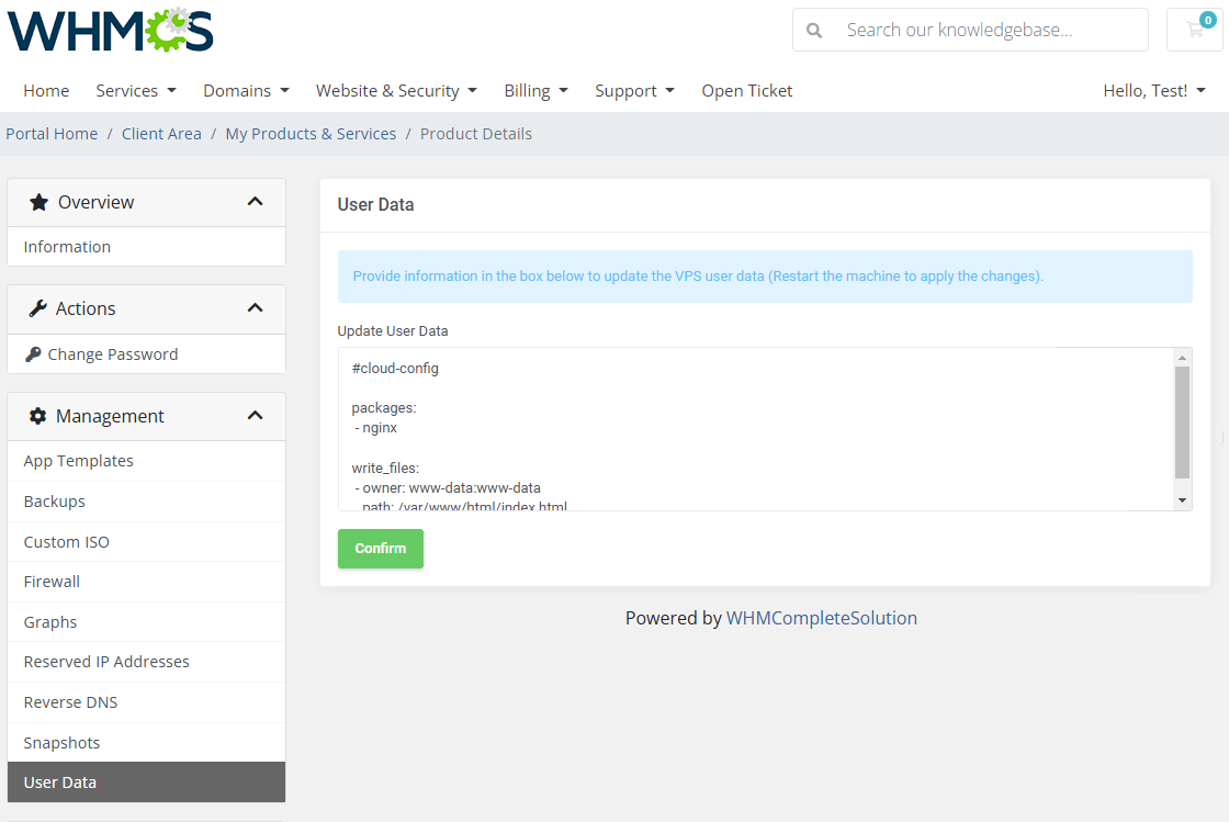 Vultr VPS For WHMCS: Client area User Data page with the cloud-config text box and Confirm button