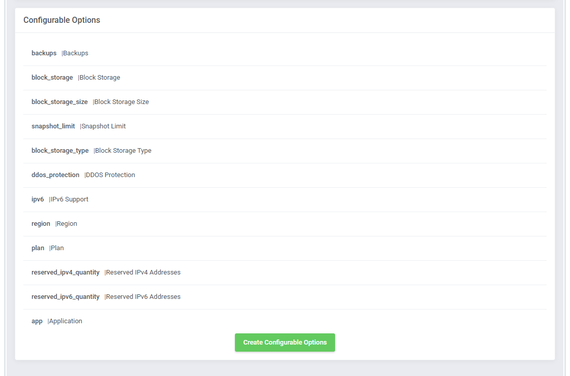 Vultr VPS For WHMCS: Configurable Options section with the Create Configurable Options button