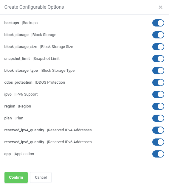 Vultr VPS For WHMCS: Create Configurable Options dialog with option toggles and the Confirm button