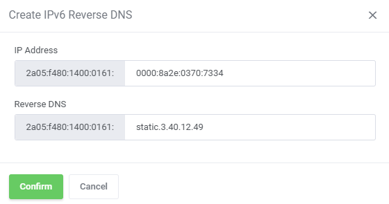 Vultr VPS For WHMCS: Create IPv6 Reverse DNS dialog with IP Address and Reverse DNS fields