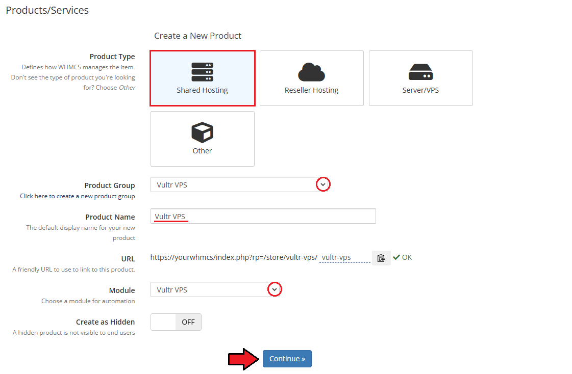 Vultr VPS For WHMCS: Create a New Product form with product type, group, name and module