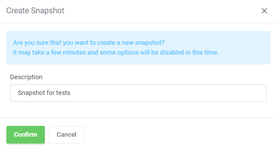 Vultr VPS For WHMCS: Create Snapshot dialog with a confirmation notice and Description field