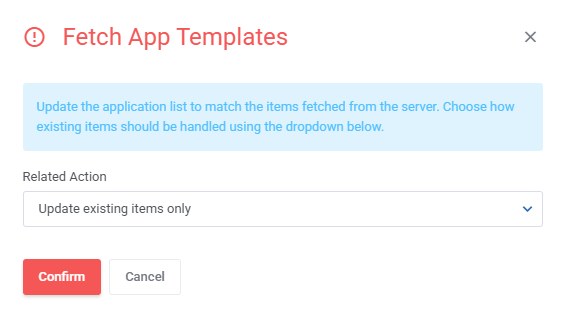 Vultr VPS For WHMCS: Fetch App Templates dialog with the Related Action dropdown