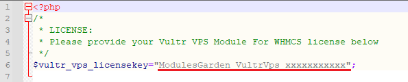 Vultr VPS For WHMCS: license.php file with the license key entered between quotation marks