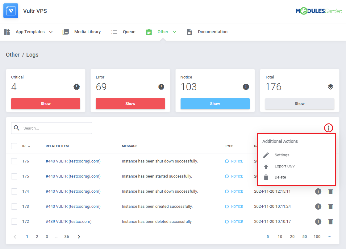 Vultr VPS For WHMCS: Other  Logs Additional Actions menu with Settings, Export CSV and Delete options